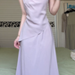 Lavender Satin Spaghetti Strap Long Evening Gown, Lace Embroidered Square Neck Draped A‑Line Formal Prom Dress gh8968