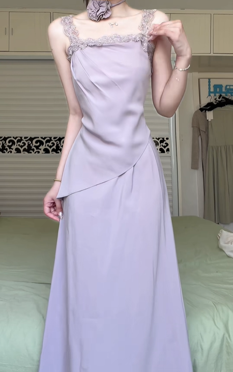 Lavender Satin Spaghetti Strap Long Evening Gown, Lace Embroidered Square Neck Draped A‑Line Formal Prom Dress gh8968