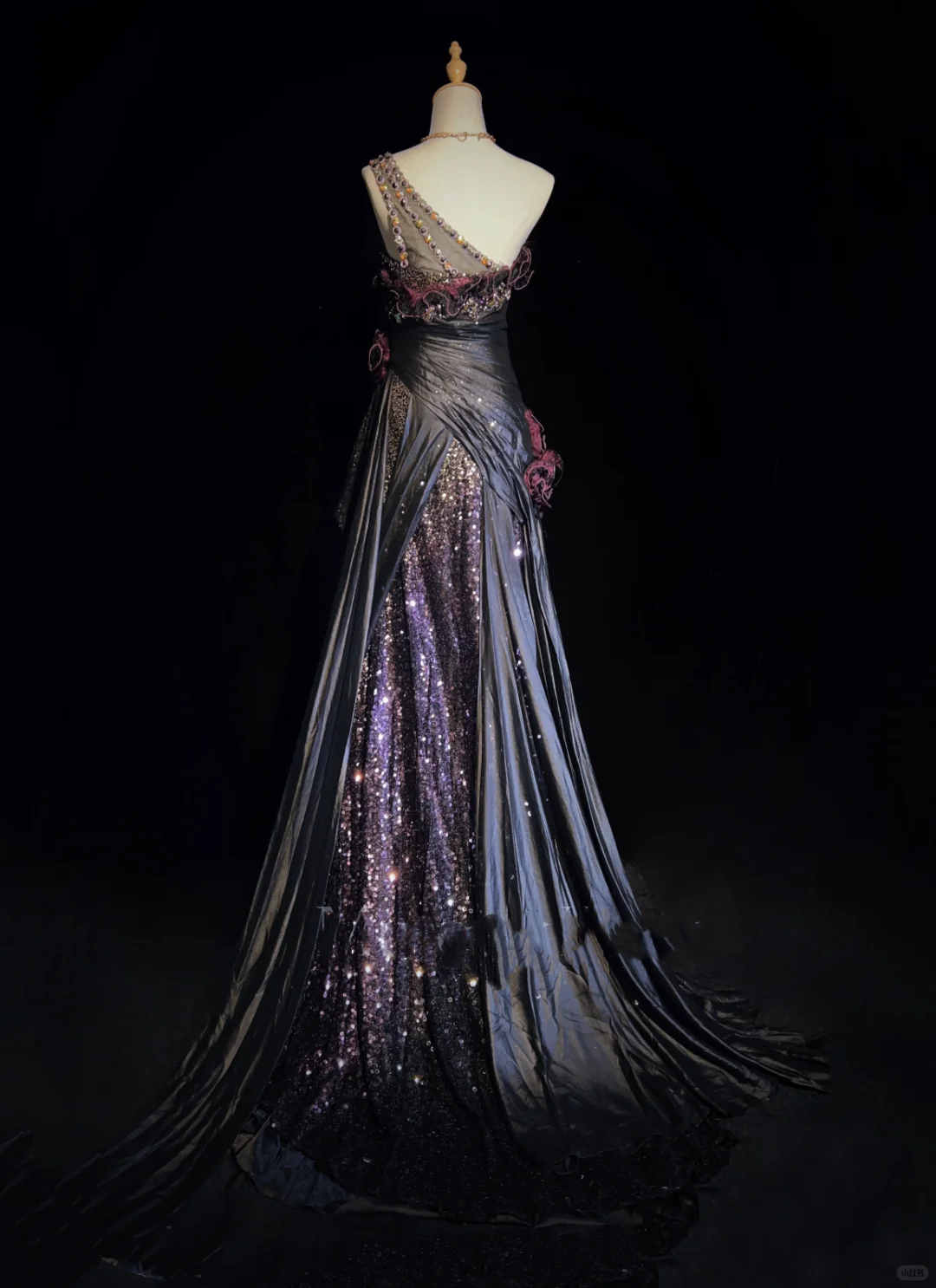 One Shoulder Black Purple Gradient Mermaid Prom Dress Sequins Rhinestones 3D Floral Formal Gown with Train gh9543