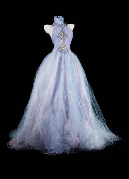 Light Gray Blue Sleeveless Fitted Waist Elegant Party & Evening Gown gh7174
