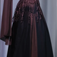 Brown 3 Piece Evening Dress, Fringe Sequin Corset Top Satin High Slit Skirt with Chiffon Shawl gh9907