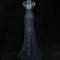 High Neck Navy Blue Mermaid Evening Gown Sleeveless Mesh 3D Floral Lace Sequined Formal Dress for Prom gh9537