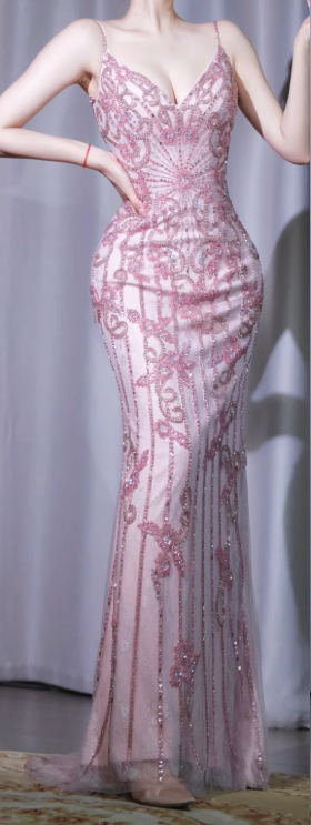 ✨Girlhomeshops-Pink Beaded Mermaid Long Prom Gown Spaghetti Strap Sheer Mesh Formal Cocktail Dress gh10110