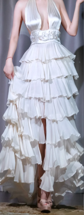 ✨Girlhomeshops-White Halter Tiered Ruffle Prom Dress Deep V Backless Pleated Satin High Low Evening Gown gh10054