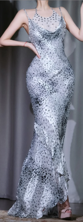 ✨Girlhomeshops-Double Strap Cowl Neck Mermaid Dress, Dalmatian Print Sparkly Long Evening Gown gh9933