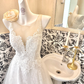 Ivory Lace Sleeveless Cinched Waist Figure-Flattering Full Flared Skirt Long Romantic Dress, Wedding Gown gh7803