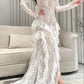 Fairy White Lace Train Maxi Dress | High Neck Puff Sleeve Ruffle Dress, Gala Friends Gathering Fashion Outfit gh6453