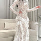 Fairy White Lace Train Maxi Dress | High Neck Puff Sleeve Ruffle Dress, Gala Friends Gathering Fashion Outfit gh6453