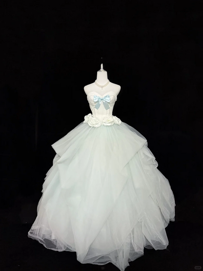Mint Green Strapless Cinched Waist Bow Voluminous Princess Skirt Romantic Dress, Wedding Gown gh7908