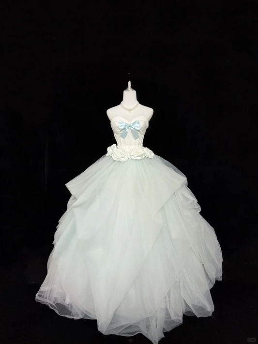 Mint Green Strapless Cinched Waist Bow Voluminous Princess Skirt Romantic Dress, Wedding Gown gh7908
