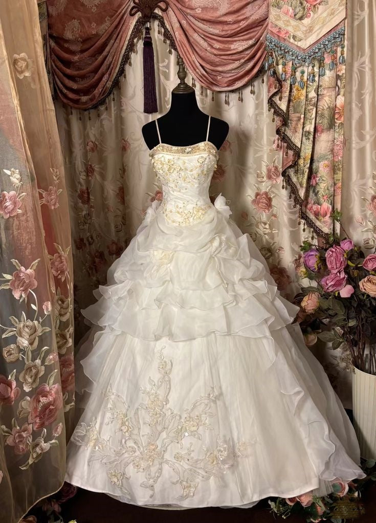 Wunderschönes weißes, goldenes, exquisites, mit Perlen verziertes, florales Applikationen-langes Ballkleid-Abendkleid-Brautkleid gh3233