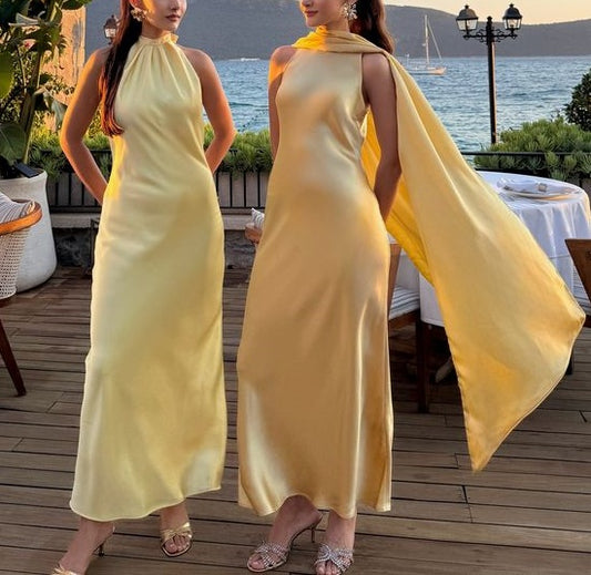 girlhomeshops-Yellow Elegant Simple Long Chiffon Satin Bridesmaid Dress gh5954