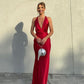 Red simple elegant V-neck long sexy satin ball gown evening dress wedding guest dress gh3055