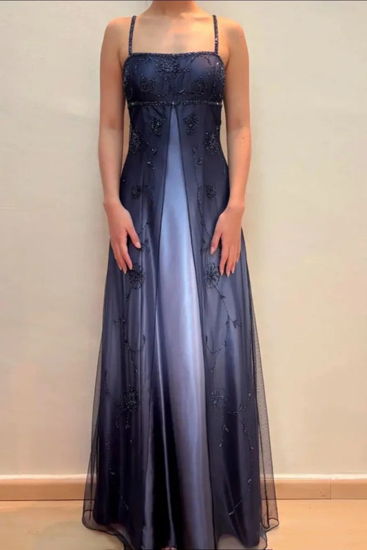 girlhomeshops - Robe de soirée bleu marine ornée de délicates perles, longue en mousseline satinée gh6111