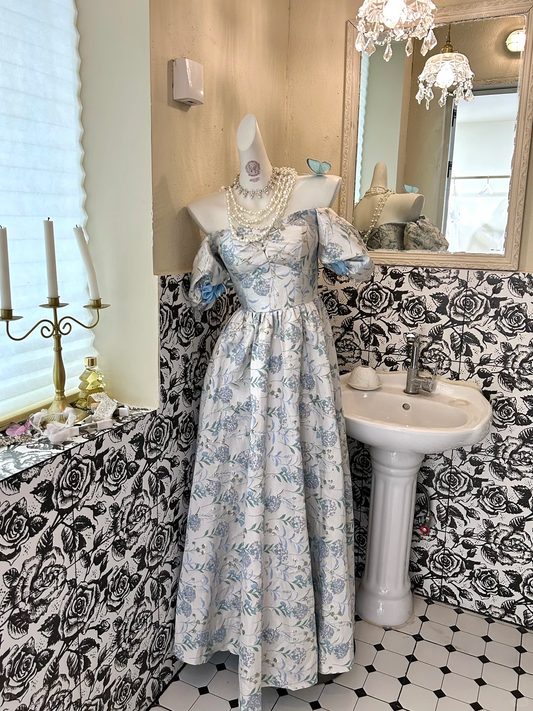 Blue Printed Off-the-Shoulder Waist-Cinched Minimalist Elegant Vintage Romantic Dress gh7593