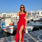 Rotes, quadratisches Hals-Spaghetti-Trägern, lange Chiffon-Rüschen, elegantes, sexy Ballkleid mit Schlitz, Abendkleid für Hochzeitsgäste, Partykleid gh3323