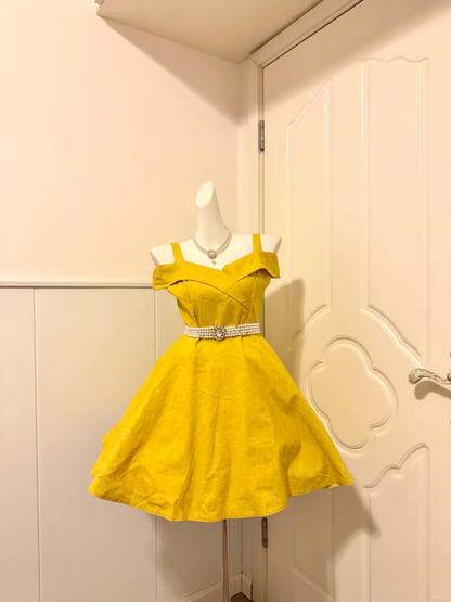 Yellow Vintage Homecoming Dress Cold Shoulder Spaghetti Straps A-Line Cocktail Party Gown gh9360