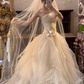 Cream Apricot Strapless Vintage Wedding Gown, Draped Bodice Satin Bow 3D Floral Ruffled Tulle A‑Line Train Bridal Dress gh9060