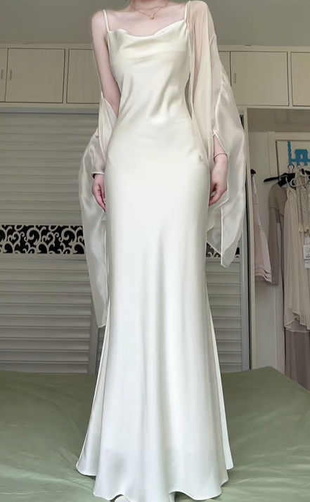Off‑White Satin Cowl Neck Spaghetti Strap Mermaid Evening Gown, With Sheer Chiffon Cape Shawl Formal Prom Dress gh9007