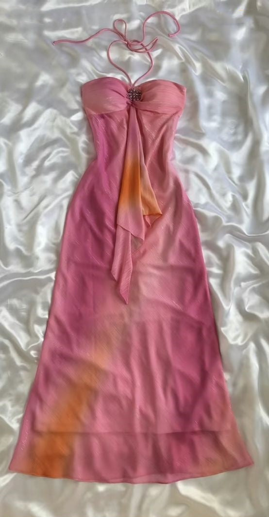 Robe de soirée élégante en mousseline de soie rose magnifique, sans bretelles, dégradée, longue, gh3179