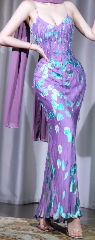 ✨Girlhomeshops-Purple Mermaid Prom Dress Spaghetti Strap V Neck Ombre Sequin Beaded Tassel Slit Evening Gown with Shawl gh10057