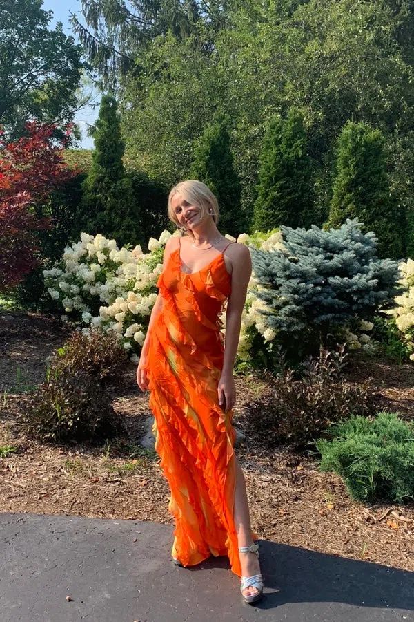 Robe de soirée longue sirène à bretelles spaghetti orange sexy à ourlet à volants, robe d'invité de mariage, robe de bal, robe de soirée moulante irrégulière gh3036
