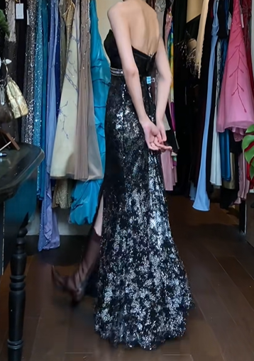 Black Vintage Prom Dress Strapless Sweetheart Silver Sequin Bodycon Front Slit Rhinestone Waist Long Evening Gown gh9611