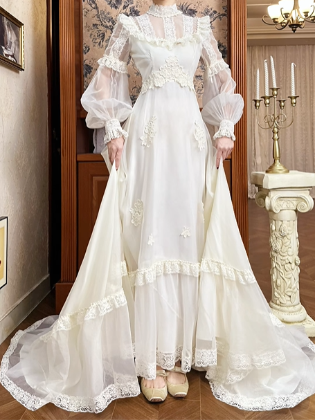 Ivory Vintage Organza Wedding Gown, Lace High Neck With Ruffle Trim, Puff Sheer Long Sleeves, 3D Floral Lace Appliqués, Tiered Ruffle Lace A‑Line Long Train, Prom Dress gh8647