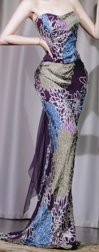 ✨Girlhomeshops-Strapless Beaded Mermaid Dress, Purple Floral Sequin Long Evening Gown gh9936