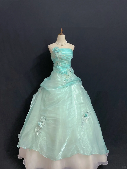 Teal Strapless Long Romantic Gown with Fitted Waist and Fluffy Princess Skirt, Wedding Dress & Bridal Gown gh8310