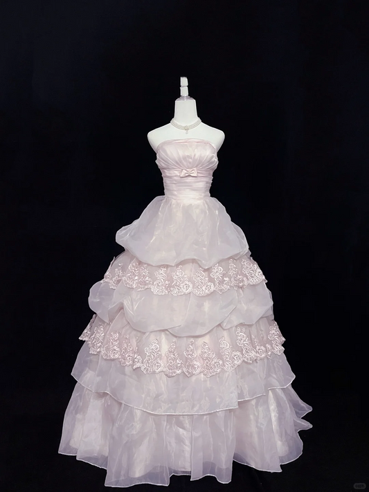 Blush Pink Strapless Cinched Waist Voluminous Princess Skirt Romantic Dress, Wedding Gown gh8045