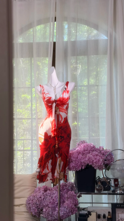 Red Floral Print Chiffon Midi Dress, Deep V Tie Front Spaghetti Strap Bodycon Mermaid Evening Gown, Vintage Painting Style Wedding Guest Party Dress gh9489