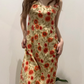 Light Yellow Vintage Small Sun Print Spaghetti Strap Fitted Waist Slim Long Prom & Evening Party Dress gh8445