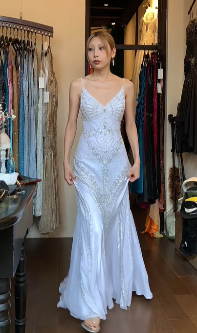 White Beaded Rhinestone Mermaid Prom Dress Spaghetti Straps V Neck Chiffon Long Evening Gown gh9838