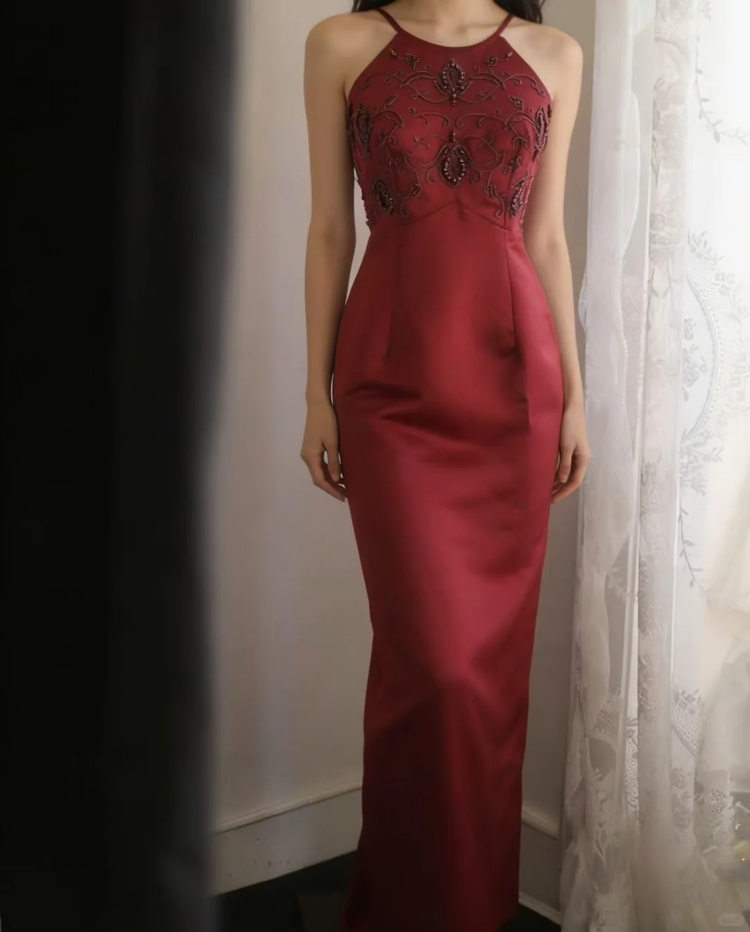 Burgundy Halter Long Evening Gown, Beaded Lace Embroidered Bodice Satin Fitted Sheath Formal Party Dress gh9115