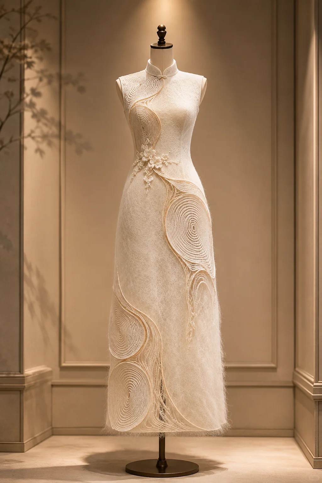 ✨Girlhomeshops-Cream White Spiral Wave Cord Embroidery Sleeveless Mermaid Qipao Cheongsam gh10407