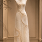 ✨Girlhomeshops-Cream White Spiral Wave Cord Embroidery Sleeveless Mermaid Qipao Cheongsam gh10407