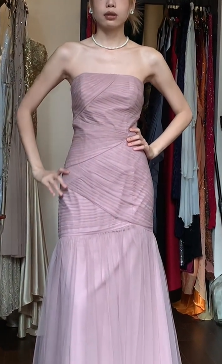 Strapless Dusty Pink Tulle Prom Dress Cross Ruched Bodice Mermaid Formal Evening Gown gh9819