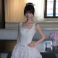 White Square Neck Homecoming Dress Sleeveless Lace Tiered Cake Mini Prom Gown gh9406