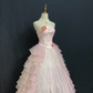 Blush Pink Strapless Long Romantic Gown with Fitted Waist and Fluffy Tiered Cake Skirt, Wedding Dress & Bridal Gown gh8311