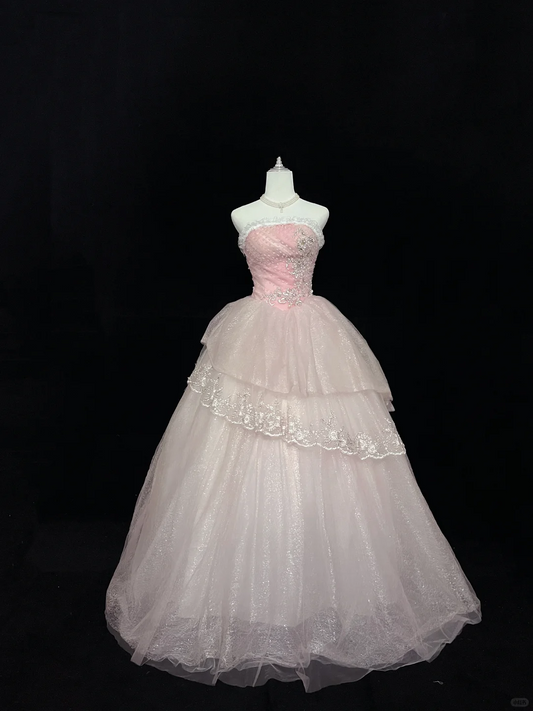 Blush Pink Strapless Cinched Waist Off White Voluminous Skirt Long Romantic Dress, Wedding Gown gh8046