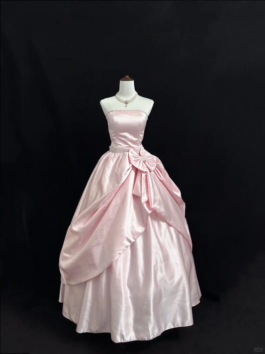 Blush Pink Satin Strapless Cinched Waist Voluminous Luxury Skirt Romantic Dress, Wedding Gown gh7910