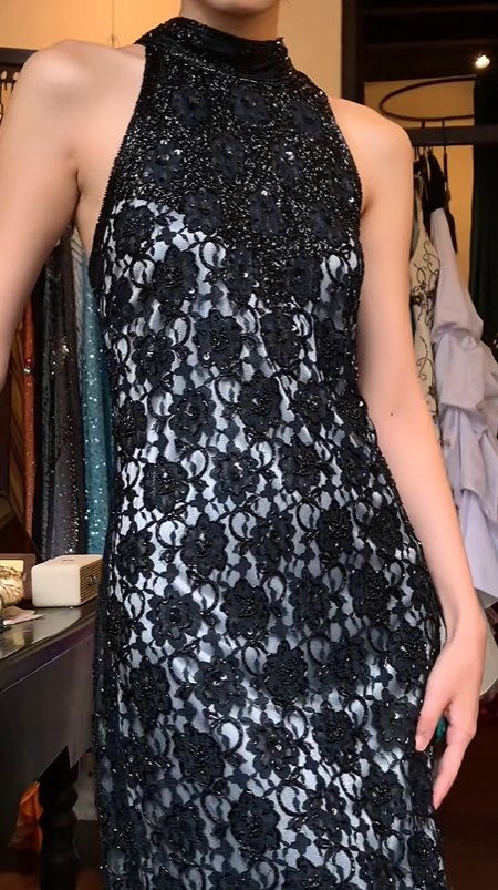 Black Halter High Neck Evening Gown Sleeveless Floral Lace Beaded High Slit Long Prom Dress gh9720