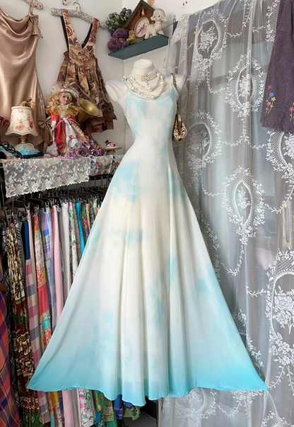 Vintage White Base Light Blue Tie-Dye Spaghetti Strap Fitted Waist Slim A-Line Prom & Evening Party Dress gh8479
