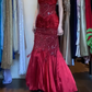 Red Satin Mermaid Evening Gown Wide Straps Heart Beaded Sheer Mesh Prom Dress gh9633