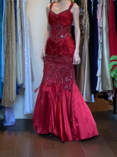 Red Satin Mermaid Evening Gown Wide Straps Heart Beaded Sheer Mesh Prom Dress gh9633