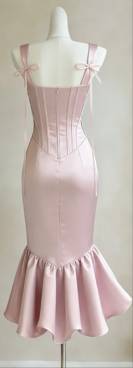 Sweetheart Neck Dusty Pink Satin Prom Gown Corset Seam Detail Mermaid Ruffle Hem Evening Dress gh9476