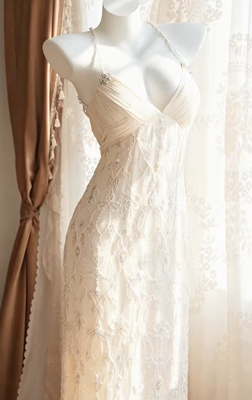 Ivory Lace Long Prom Dress, Spaghetti Straps, V-Neck, Hand-Beaded Tulle Vintage Long Formal Gown gh9570