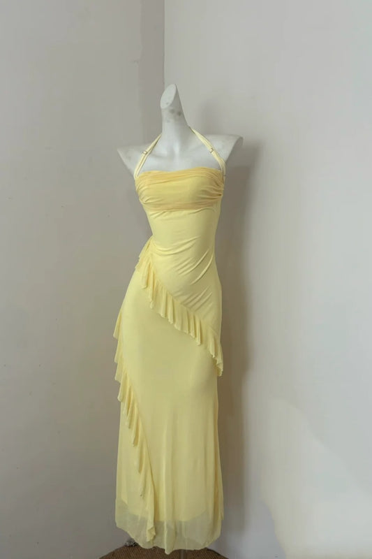 Girlhomeshops--Yellow fashionable suspender long chiffon ruffle prom dress gh5472