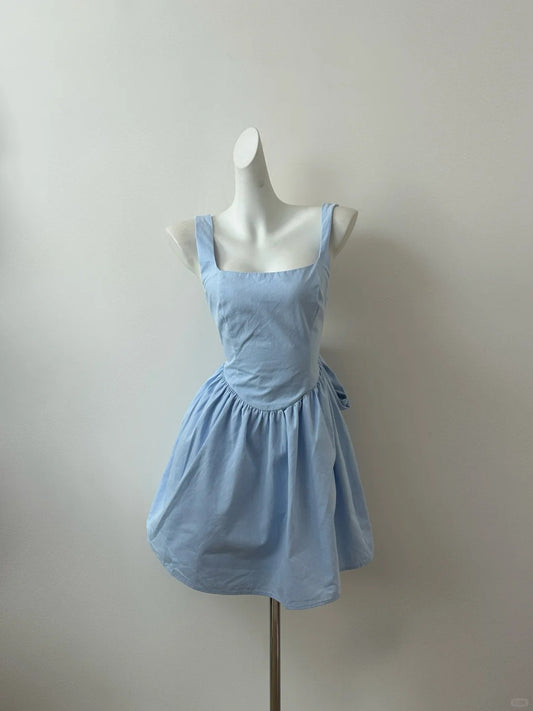 Robe courte dos nu à col carré rose/bleu, mignonne et mignonne 11283